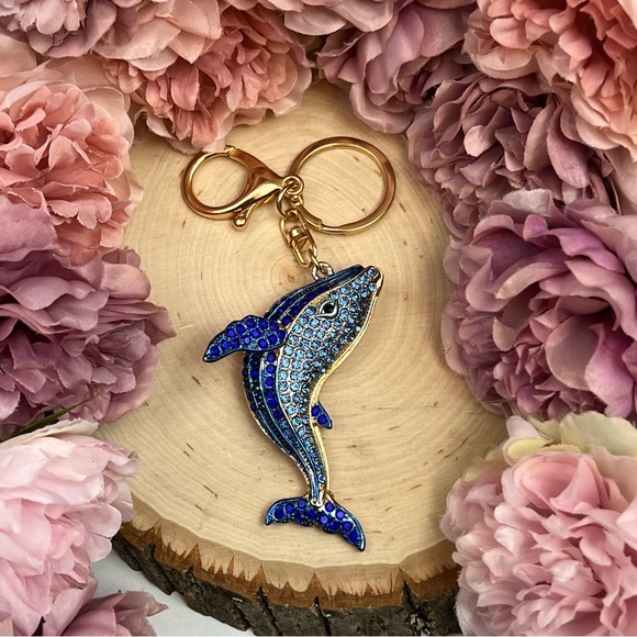 Blue and Gold Crystal Whale Keychain Charm - Picture 5 of 16
